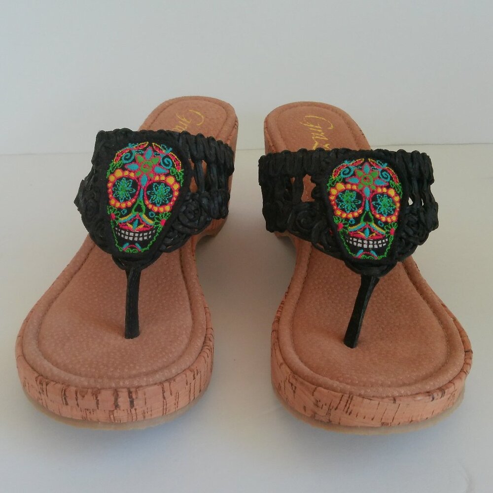 Grazie Wedge Heel Sandal 10 Black Embroidered Sugar Skull Woven Upper Cork Sole - Picture 8 of 14